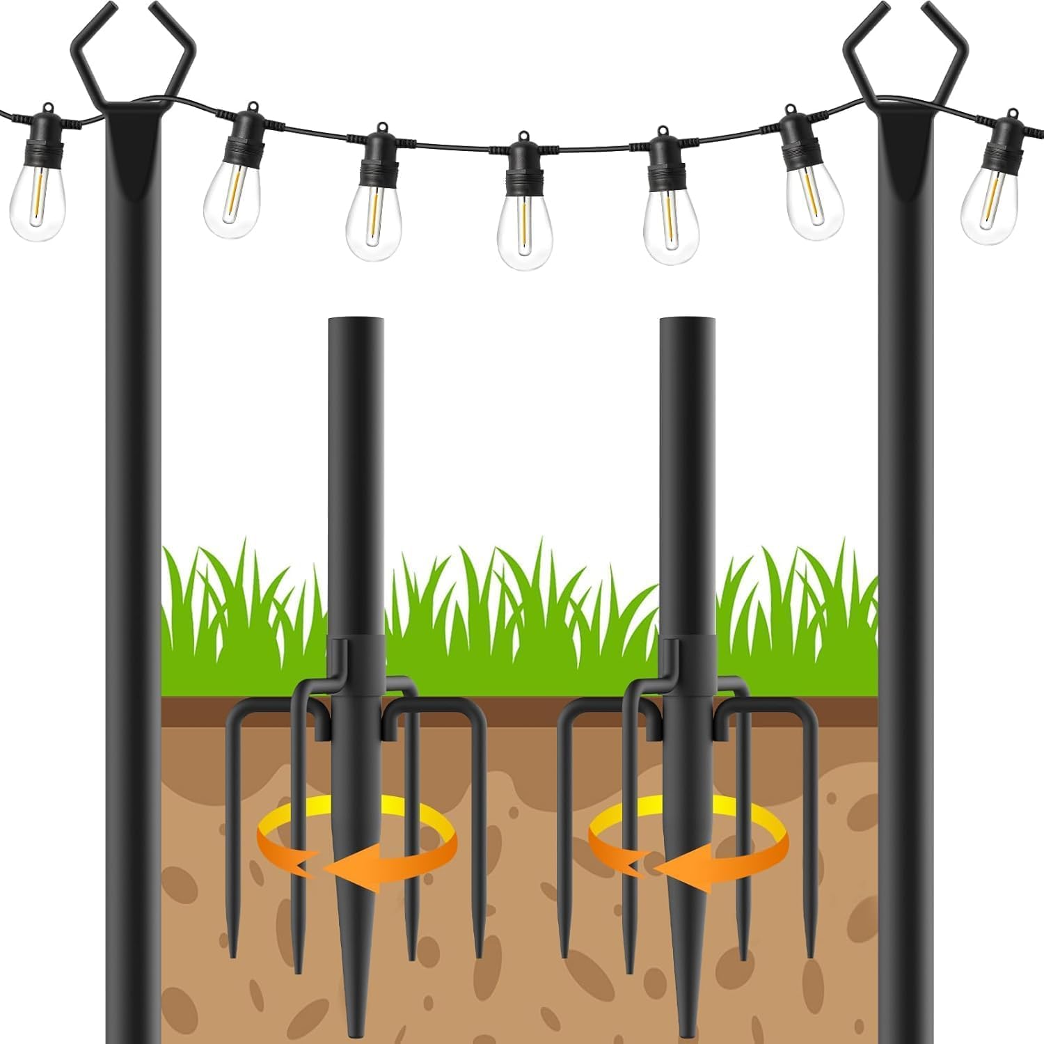 Lot de 2 poteaux lumineux pour terrasse – 2 m pour suspendre l'extérieur en acier pour décoration extérieure, jardin, cour, patio, support d'éclairage pour fêtes, Noël, mariage