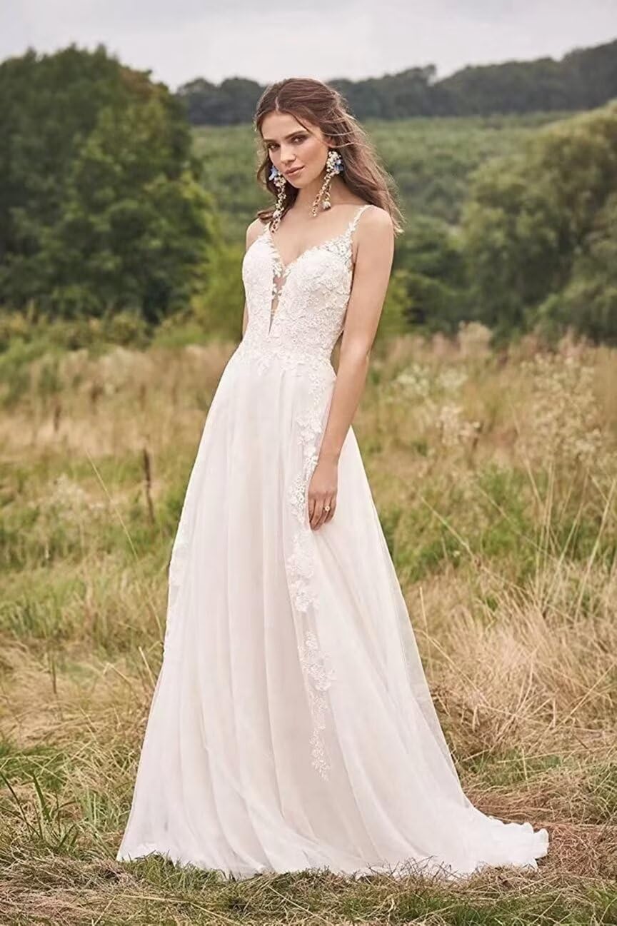 Damen Tüll Brautkleid Elegant Hochzeitskleider mit Spitze Lang Glitzer V-Ausschnitt Trauung Kleid Ärmellos