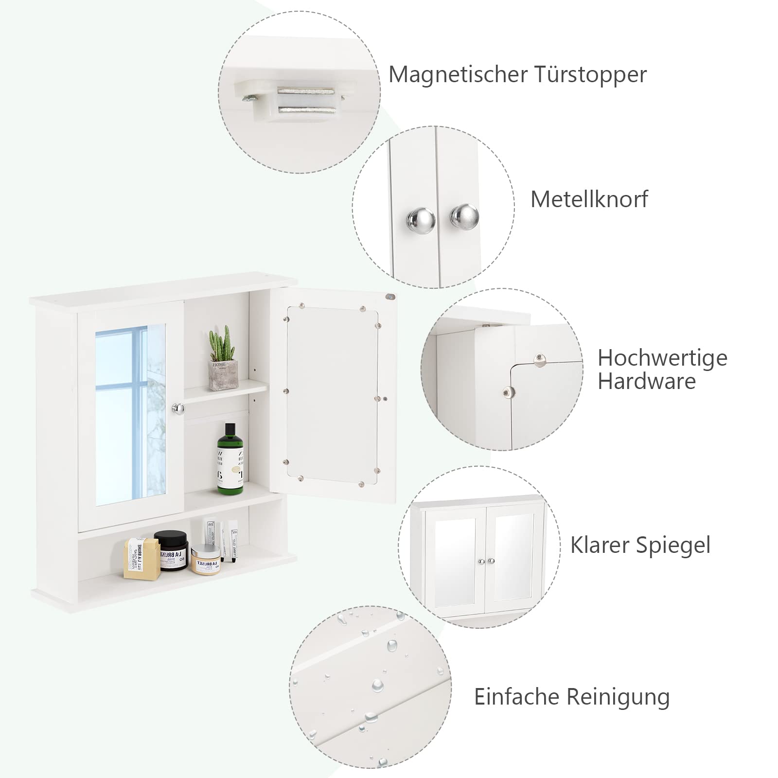 LIFEZEAL Mobiletto Bagno Salvaspazio con Contenitore, Specchio, Pensile Bagno Sospeso, Specchiera da Muro a 2 Ante, Armadietto, Mobile con Mensola, 2 Ripiani, Moderno, in Legno, 56x13x58cm (bianco)