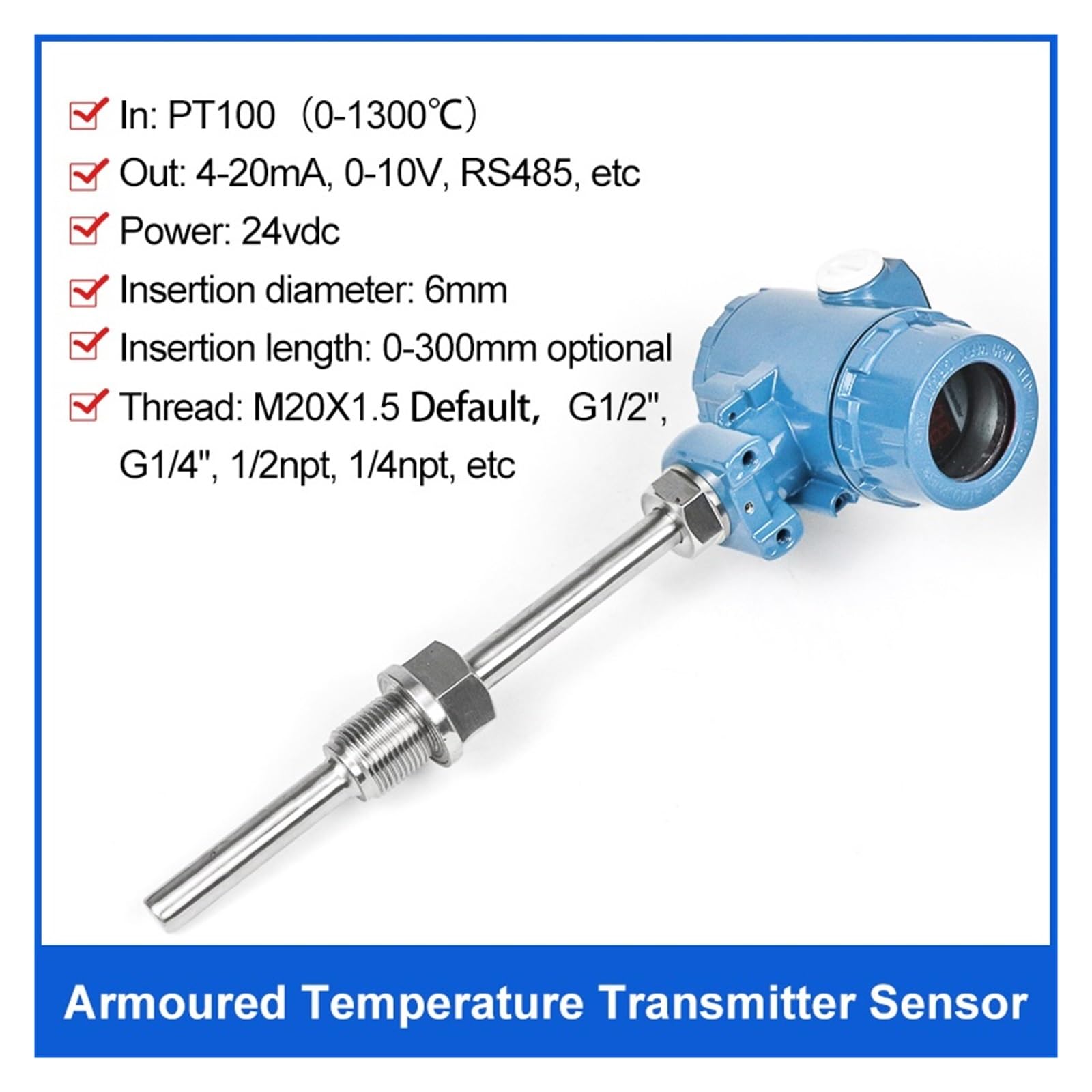 Sensore di Temperatura del Carburante Antideflagrante 0-5V Trasmettitore di Temperatura PT100(0-1000 Degree 4-20mA,50mm)