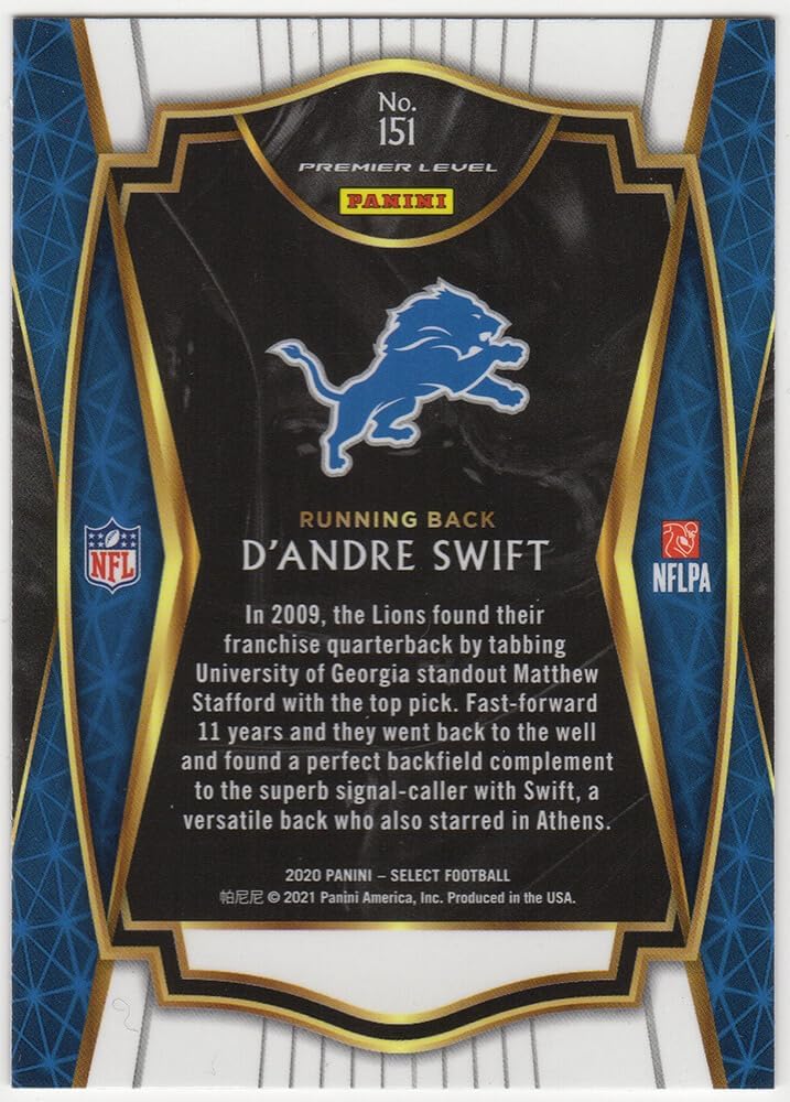 D'Andre Swift Signed Lions 2020 Panini Select Rookie Football Card #151