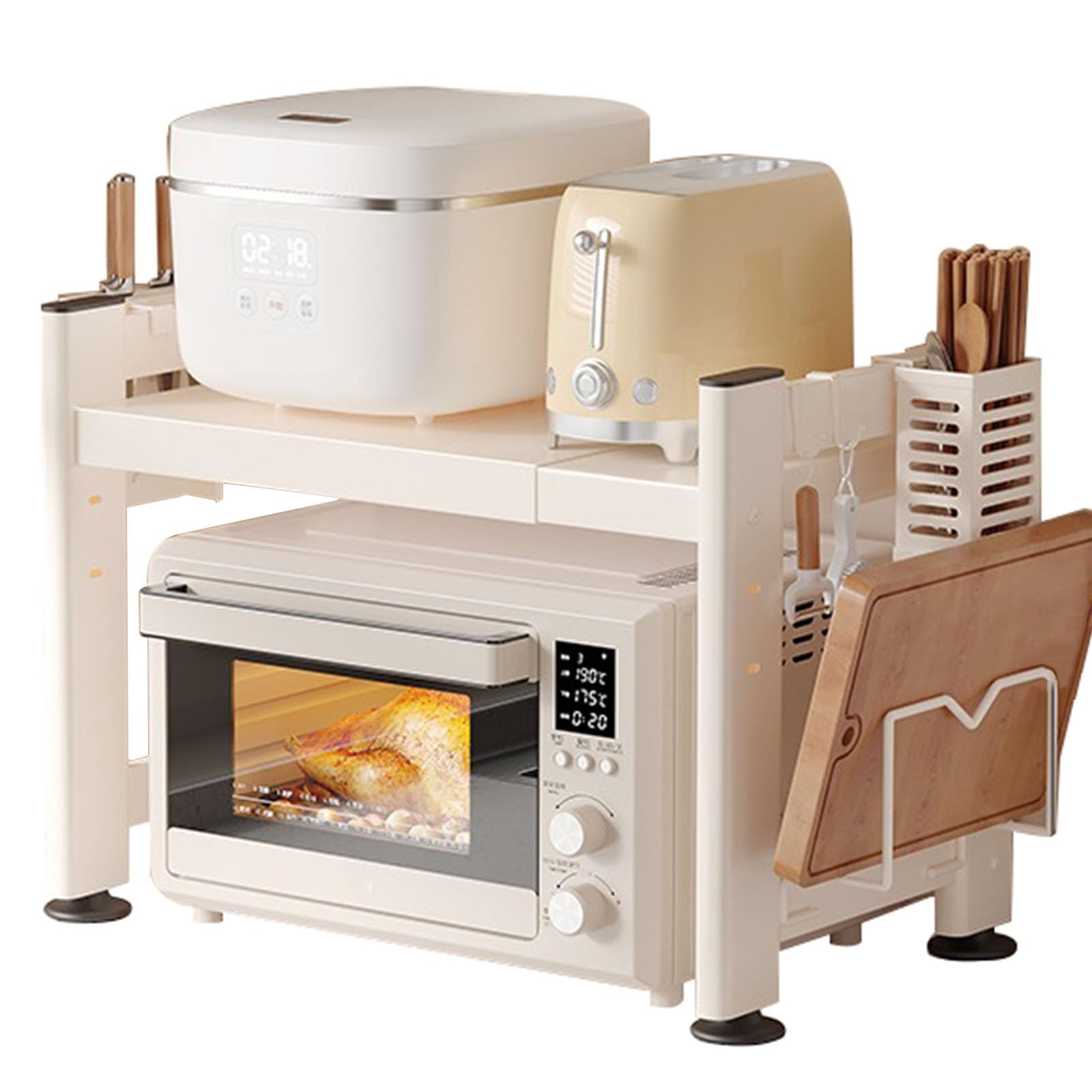 Support réglable à 2 étages avec 6 crochets - Étagère de comptoir de cuisine pour ranger couteaux, baguettes et planche à découper - Extensible - Blanc