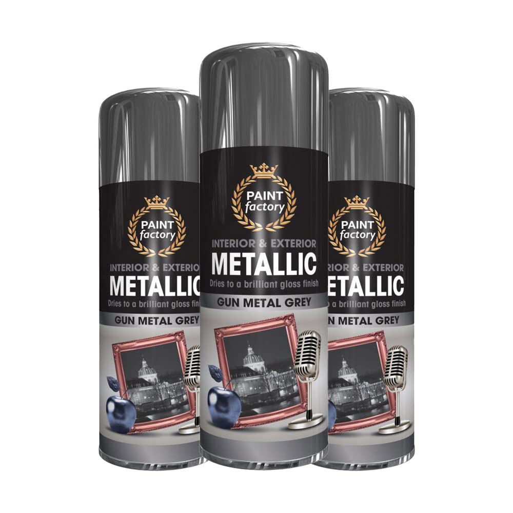 3 x Metallic Gun Metal Grey Spray Paint 400ml Multi-Purpose Use, Spray for Metal and Wooden Furniture, Ornaments, Decorative Items and Much More for Interior & Exterior