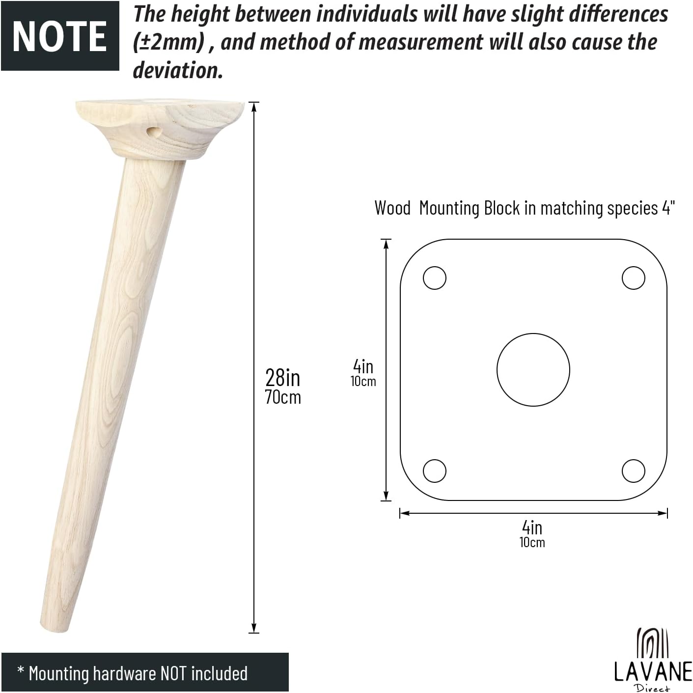 La Vane 28 inch / 70cm Wooden Table Legs with Mounting Blocks, Set of 4 Mid-Century Modern Tapered Unfinished Solid Wood Replacement Legs for Bench Coffee Table Dining Table Chair Desk