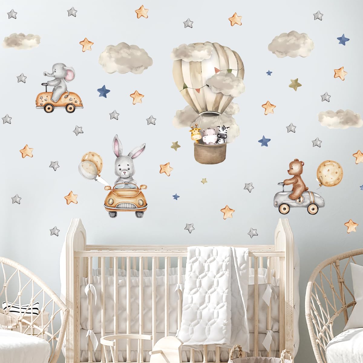 Kibi Adesivi Murali Bambini Animali in Mongolfiera e Auto, Stelle e Nuvole, Tema Nursery, 90x30cm