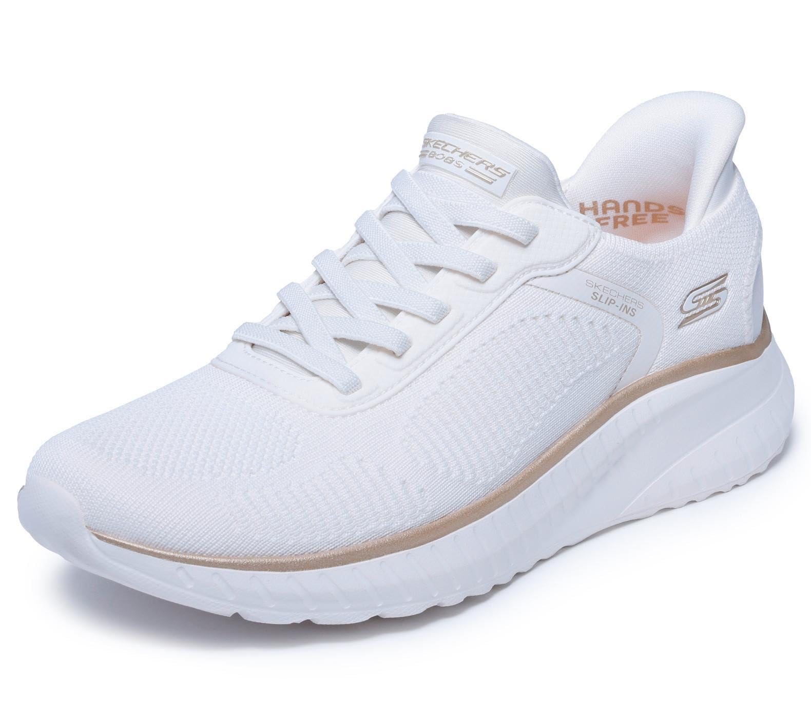 Skechers Women's Bobs Squad Chaos Current Muse Slip-in Trainers, White/Gold Textile, 5.5 UK