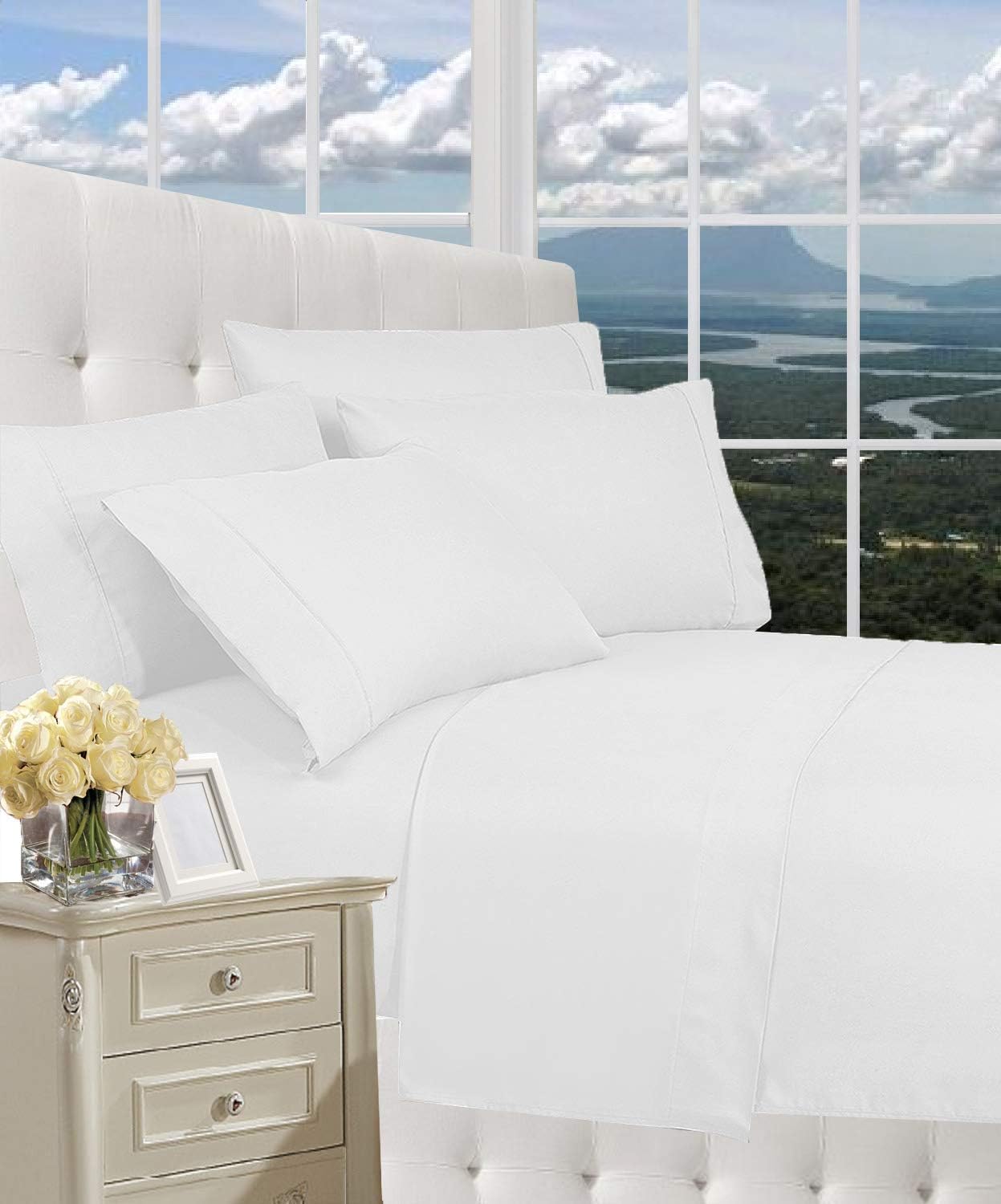 CELINE LINEN Luxury Silky-Soft 1500 Premier Softest Hotel Quality Wrinkle-Free 4-Piece Bed Sheet Set, Deep Pocket up to 16 inch, Full White