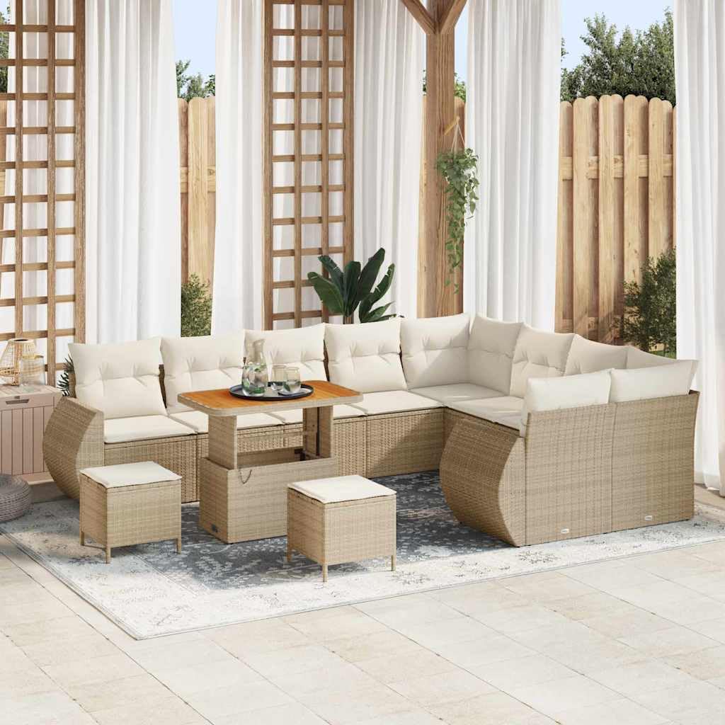 Set Divano da Giardino 12 Pezzi con Cuscino Beige e Crema, Modular Patio Outdoor Rattan Sofa con Poltrone e Tavolino, Impermeabile Coperta per Terrazza Giardino Balcone