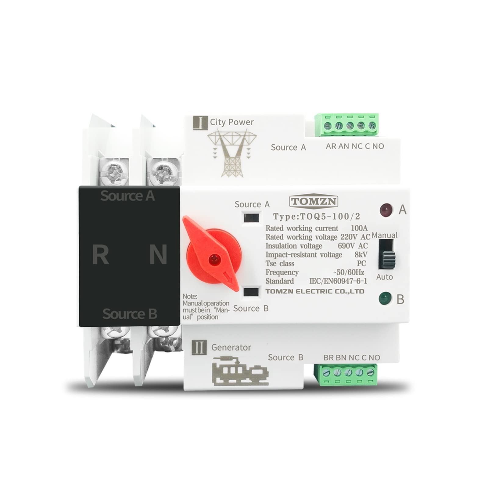 QRUYHBAJU Single Phase Din Rail ATS 110V 220V Dual Power Automatic Transfer Electrical Selector Switches Uninterrupted 2P 63A 100A 125A(100a,110V)