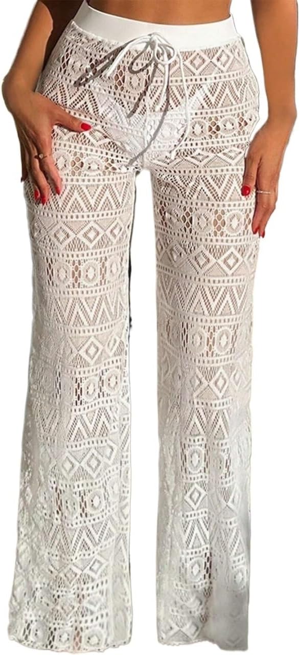 swimsuit coverup for women Beach Hollow Out Drawstring Waist Cover Up Pants