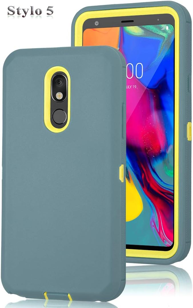 Annymall Case for LG Stylo 5 Case, Tri-Layer Heavy Duty [with Built-in Screen Protector] Hybrid High Impact Resistant Rugged Full-Body Shockproof Cover for LG Stylo 5 (Dark Green/Yellow)