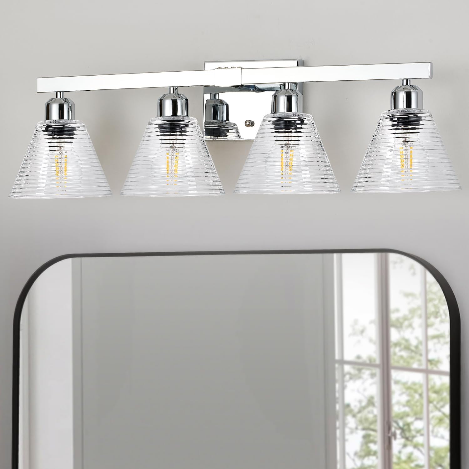 4-Light Modern Bathroom Vanity Lights, Nickel Bathroom Light Fixtures with Clear Glass Shade, Farmhouse Wall Sconces for Mirror Kitchen Bedroom Living Room