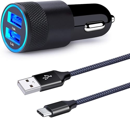 Cargador de coche USB tipo C, adaptador de coche de doble puerto con cable USB C de carga rápida de 6 pies para Samsung Galaxy S24 S23 S22 S21 S20