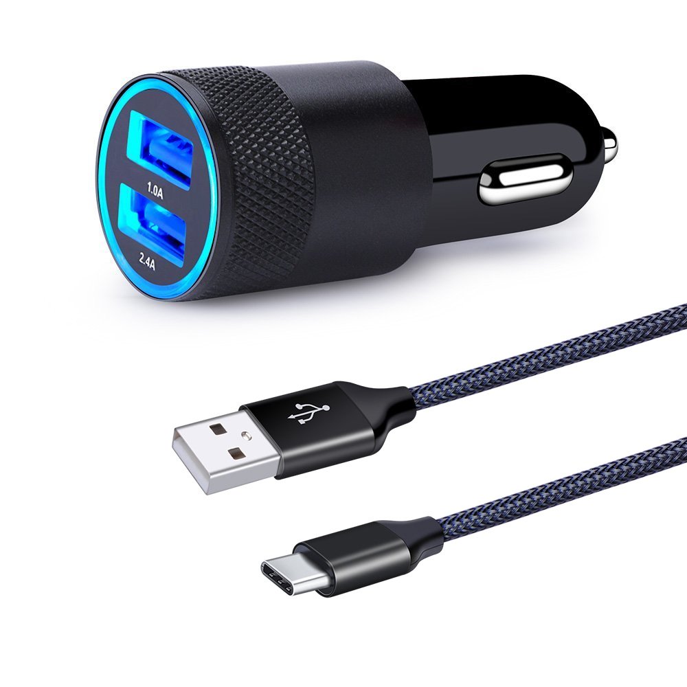 Cargador de coche USB tipo C, HUHUTA de doble puerto con cable de carga USB C de 1,8 m para Galaxy S8 Plus, Macbook, LG G6 V20 G5, ZTE Axon 7, Google Pixel, Nexus 6P 5X, Nintendo Switch
