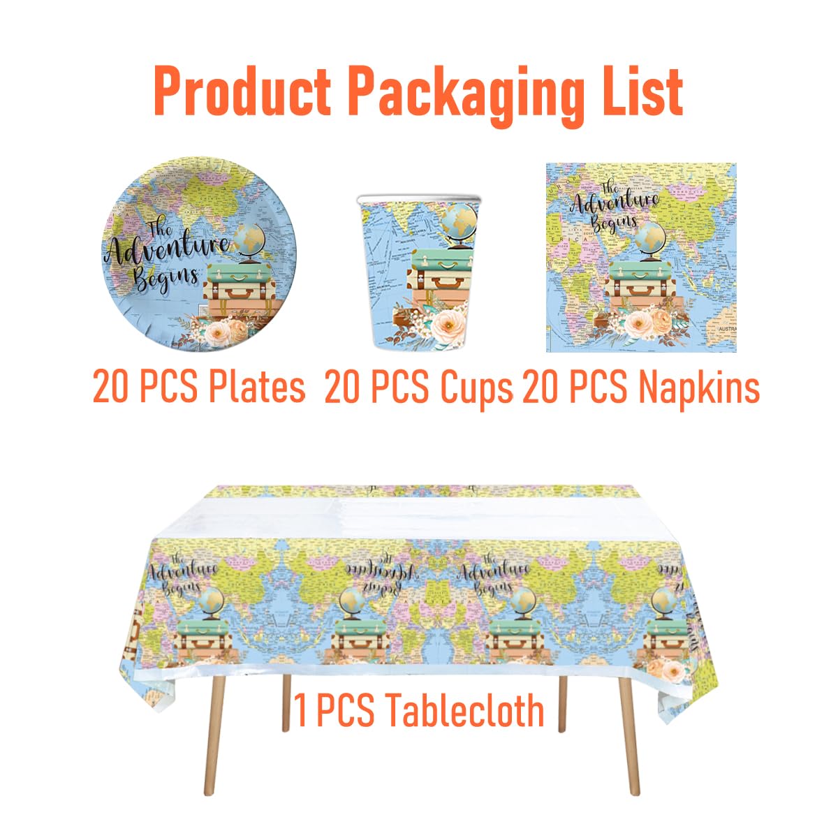 Viaggi Stoviglie per feste, 61 pezzi Esploratore Stoviglie per compleanni per bambini, Mappa del mondo Set di piatti di carta per feste, Compresi bicchieri, tovaglioli e tovaglie