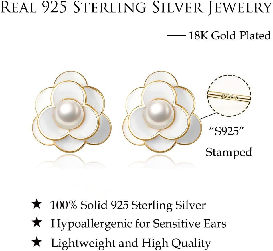 Reffeer Solid 925 Sterling Silver Simulated Pearl Flower Earrings Studs for Women Teen Girls Flower Stud Earrings Pearls for Wedding