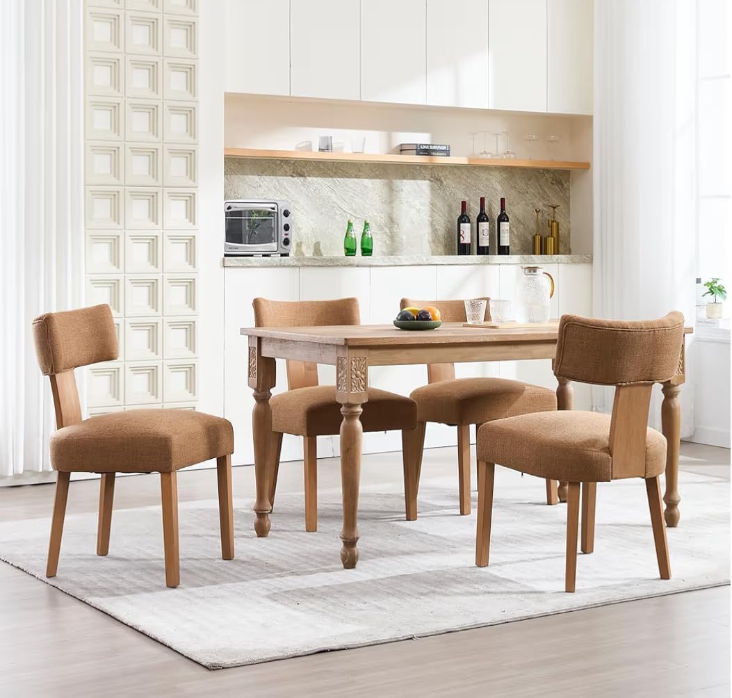 Dining Chairs- Set of 2- Modern Upholstered Brown Taupe Linen – Solid Oak Washed Legs, Armless Accent Chairs, Kitchen, Living Room, Bedroom – Comfortable & Minimalist Design