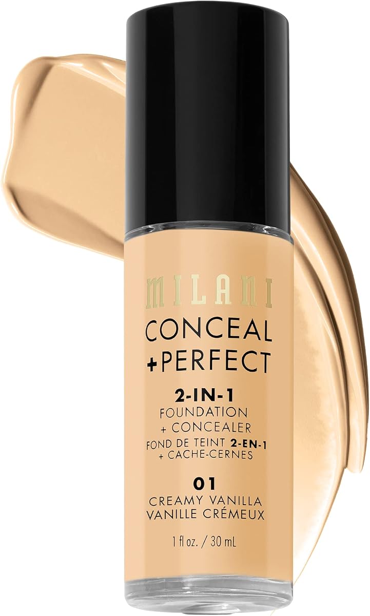 Milani Conceal + Perfect 2-in-1 Foundation + Corrector 01-Creamy Vanilla | Cobertura media a completa, acabado mate natural. Corrector debajo de los ojos, cubre enrojecimiento e imperfecciones. Resistente al agua y al sudor.