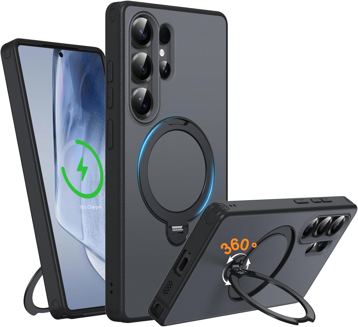 for S25-Ultra Case, Built-in 360° Rotatable Stand, Black