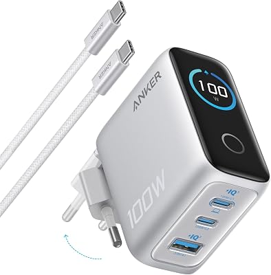 Anker Cargador iPhone Carga rapida 100 W, Cargador de Pared GAN Compacto de 3 Puertos, Pantalla Inteligente, Control por Toque, Compatible con MacBook, iPad, Series iPhone 17/16/15