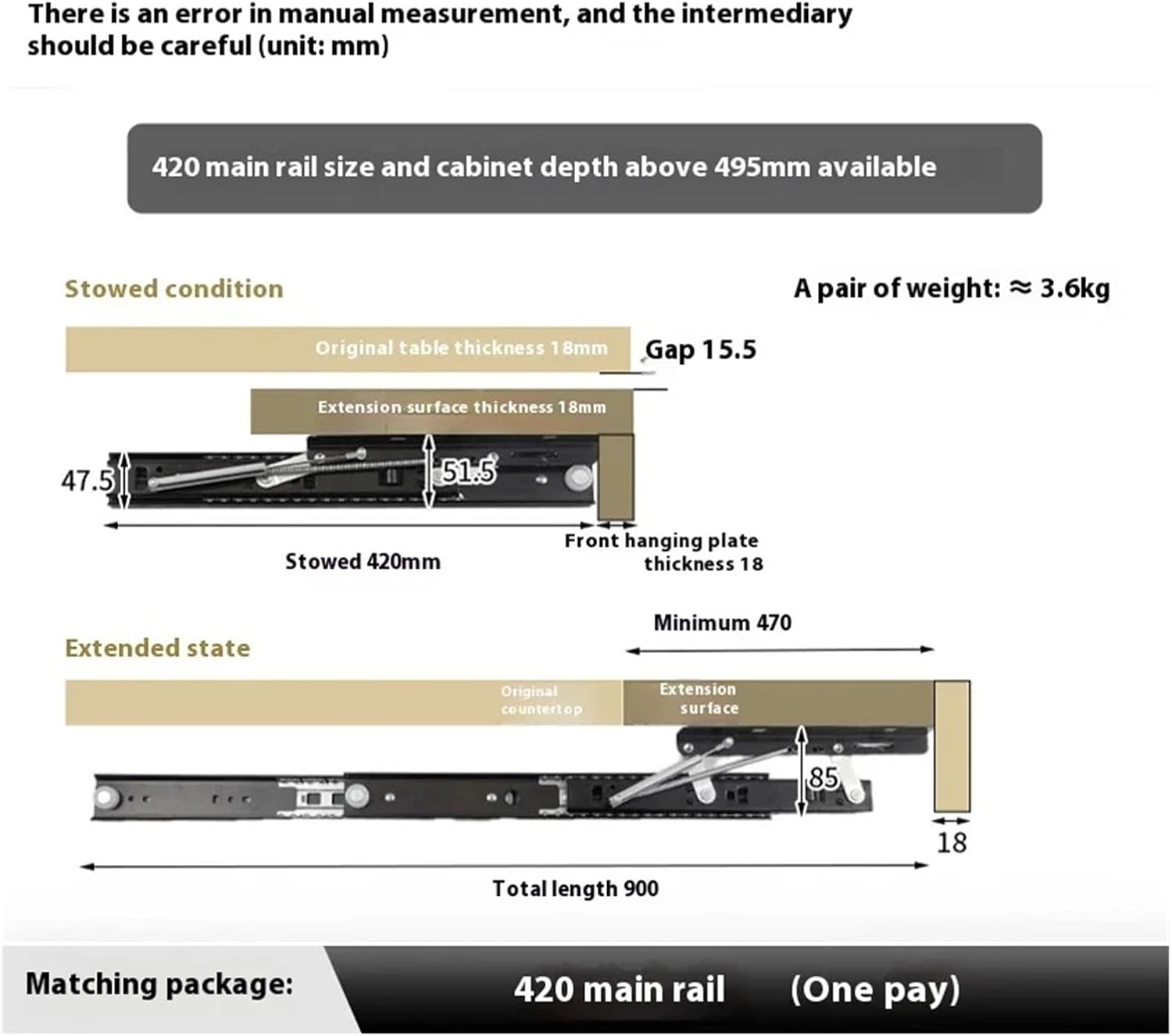 Heavy Duty Drawer Slides Table Lifting Slide Rising Invisible Pull-Out Track Telescopic Side Installation Extension Guide Rail Dining(420mm)