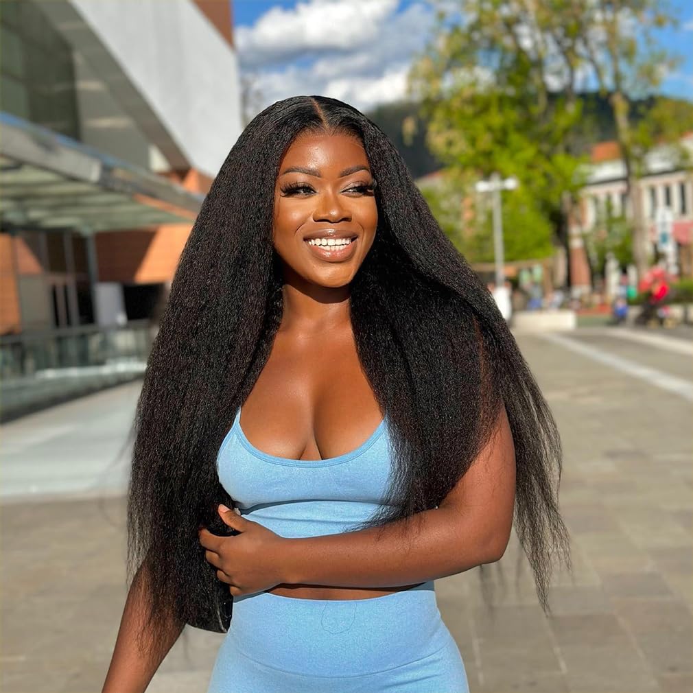 Domiso Wear and Go Glueless Wigs Human Hair Pre Plucked Pre Cut Kinky Straight 7x5 Lace Front Wigs Human Hair for Women Beginners Wig Natural Hairline Natural Black Color 200% Density 20 Inch