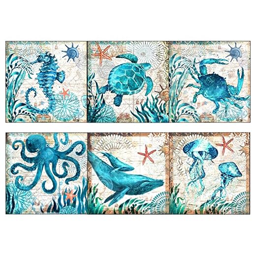 6 Pcs Ocean Diamond Painting Kits DIY 5D Gem Art Beads Painting Sea Turtle Whale Octopus Sea Horse Jellyfish Crab Diamond Dot Painting for Adult Kid Home Decor 11.8 x 11.8 Inch