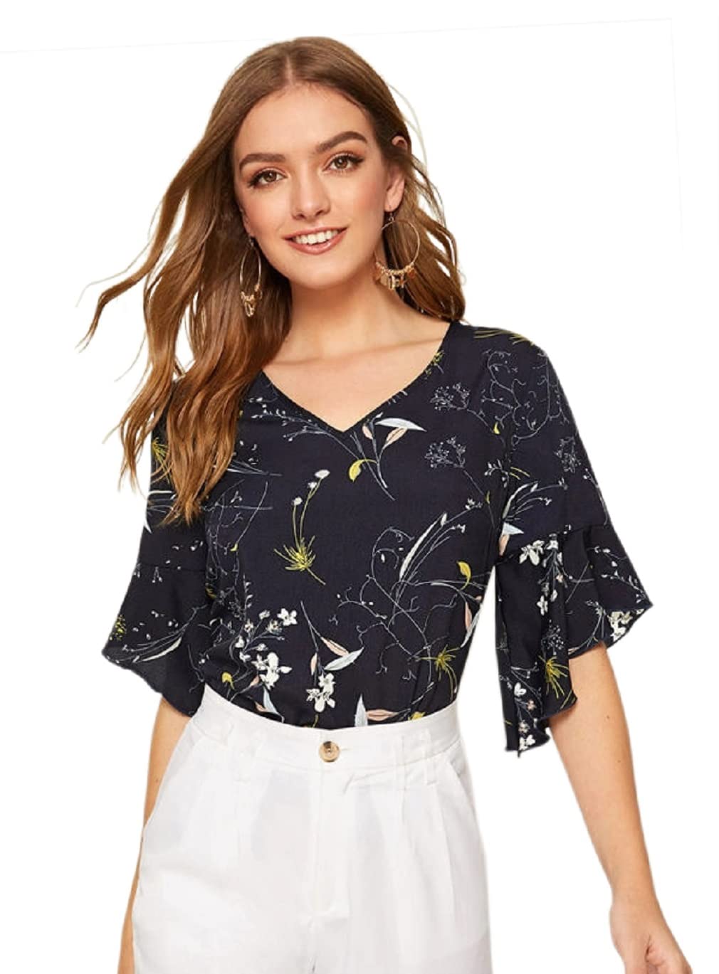 Printed Bell Sleeve Wrap & Swing V Neck Top for Women