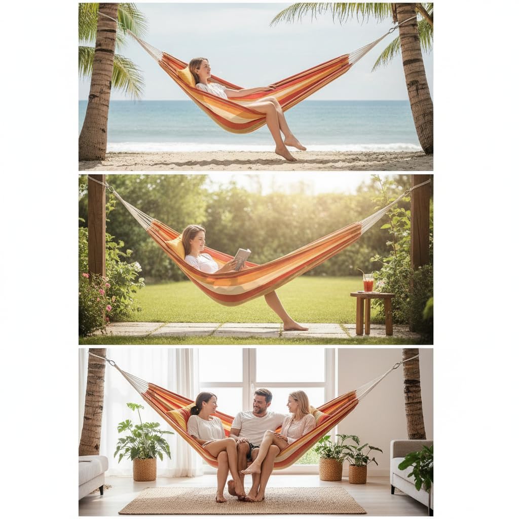 Hamac Extérieur Pliable, Toile Hamac Double avec Support à Barre Transversale, pour Camping & Pique-Nique, Toile épaisse 300G pour la santé et la sécurité
