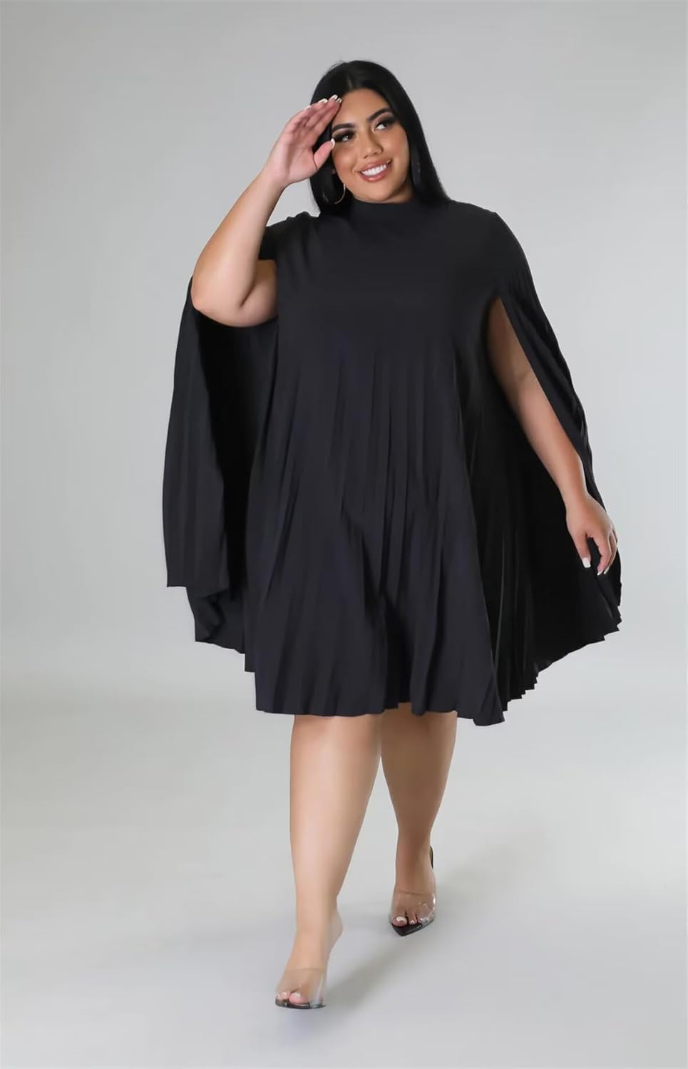 KEYUFANG Women’s Plus Size Cape Sleeve Elegant Loose Pleated Short Dress for Cocktail Party - Image 2