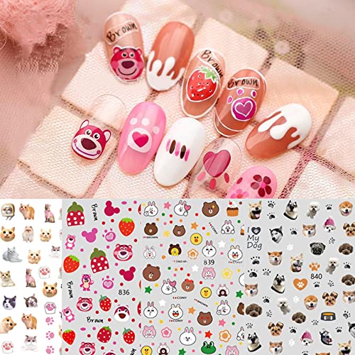 Nail Stickers, Self Adhesive Diy Nail Sticker, Nail Art Decoration Set, Women Girls Cat Bear Shibata Dog Strawberry Nail Art Stickers, Small Fresh Manicure Decoration Sticker (4 Pieces) #TOP6