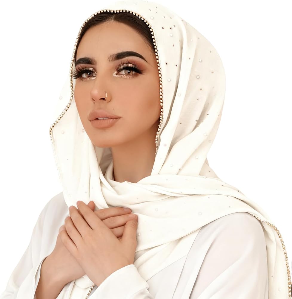 Sciarpa Lunga Hijab Donna Con Strass E Perle, Rosa, Taglia Unica 162x52 Cm, Copricapo Morbido In Cotone - 4