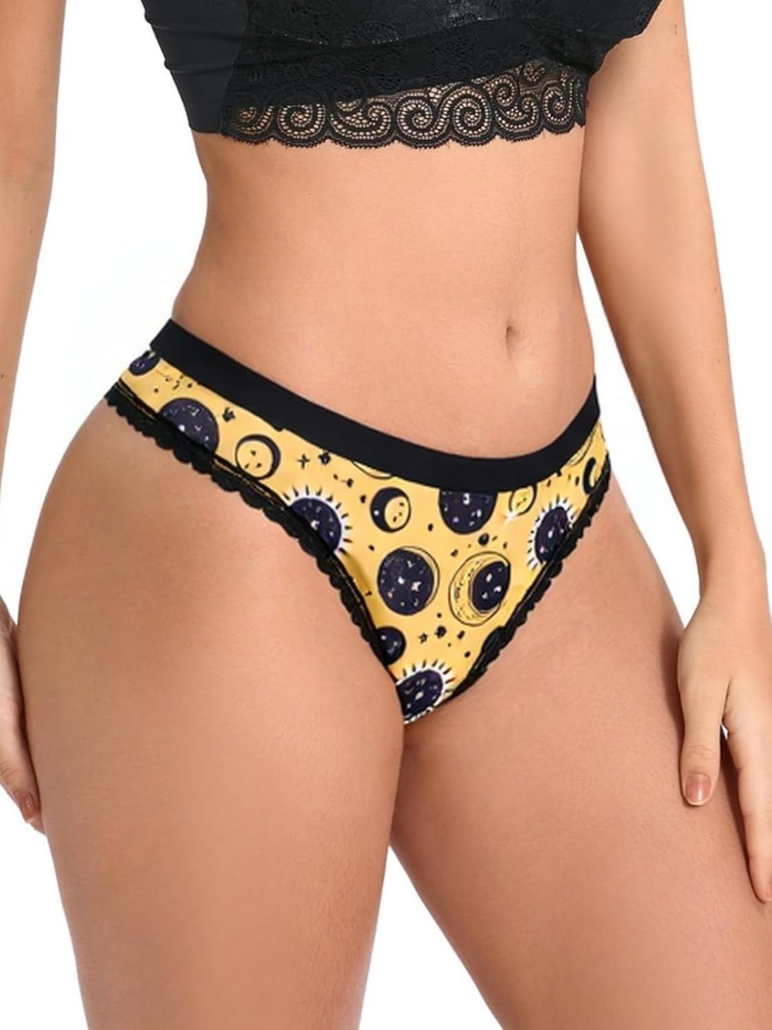 Dircho Women's Thongs 10 Pack, Allover Celestial Patterns with Lace Trim, Stretch Waistband, Soft Everyday Underwear - Image 4