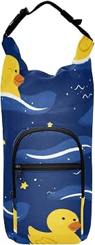 Water Bottle Holder with Strap Crossbody Carrier 20/24/32/40oz Insulated Sling Bag with Phone Pocket for Walking Travelling Camping Dark Blue Waves Ducks and Stars