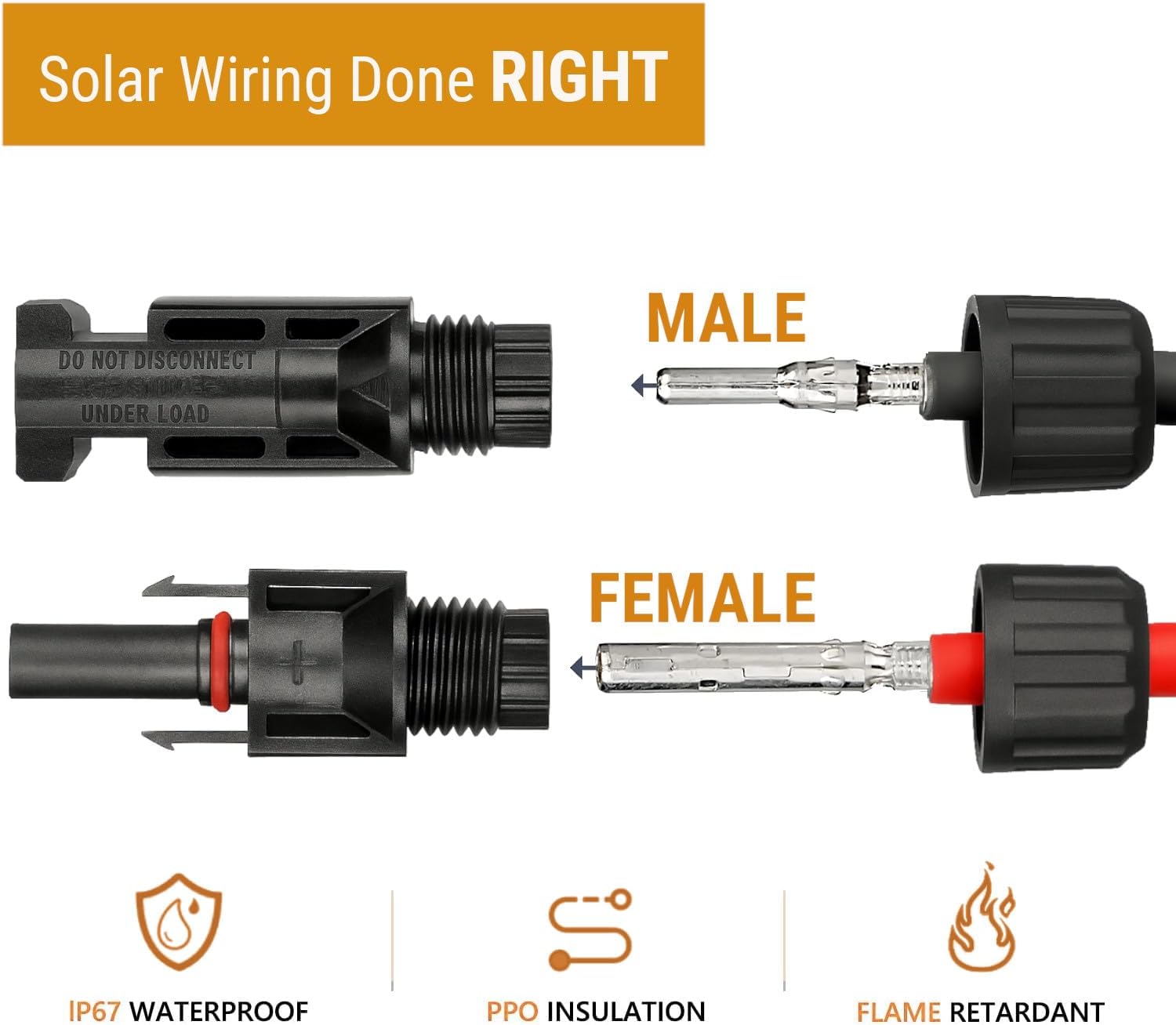 ANGSTROM 40pcs Solar Cable Connectors 10AWG Wires, IP67 Waterproof, 20-Pairs Male/Female, Compatible with MC4-Type Spanners