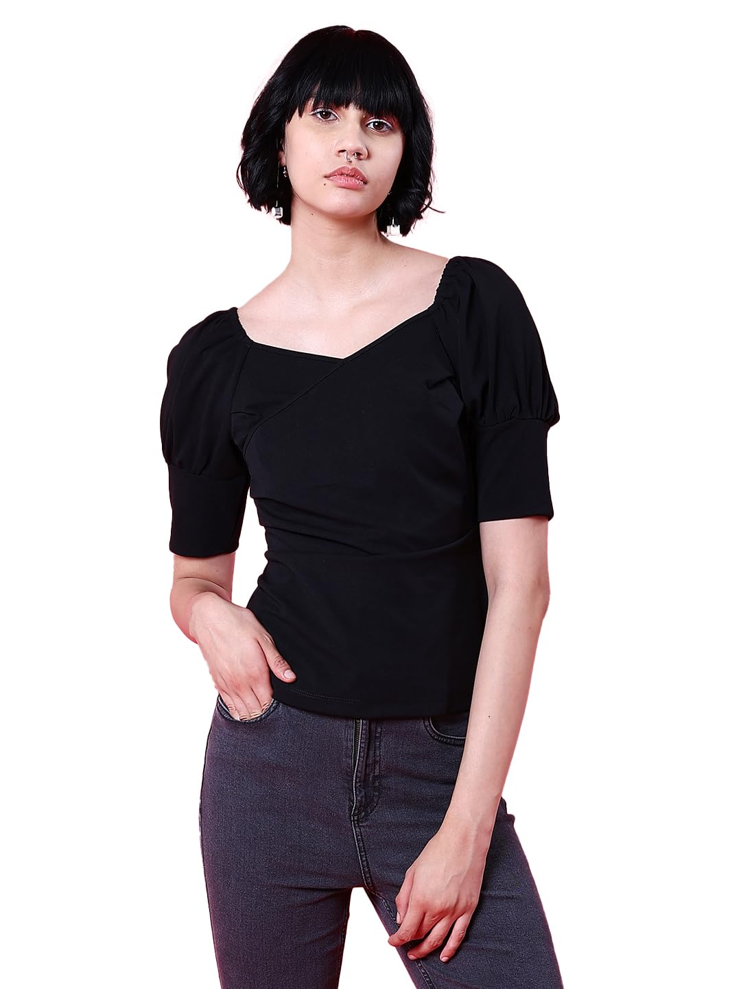 Freehandby The Indian Garage Co Women Casual Solid Fitted Wrap Top