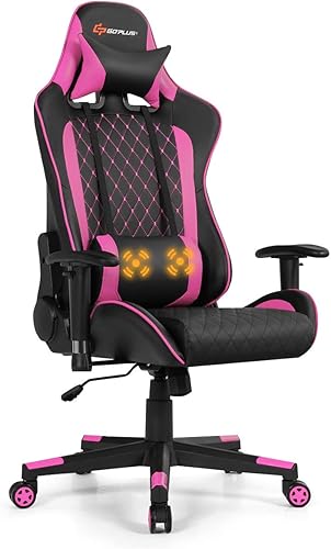 Goplus Silla de juegos de masaje, respaldo reclinable, pasamanos y ajuste de altura del asiento, silla de oficina para computadora de carreras,