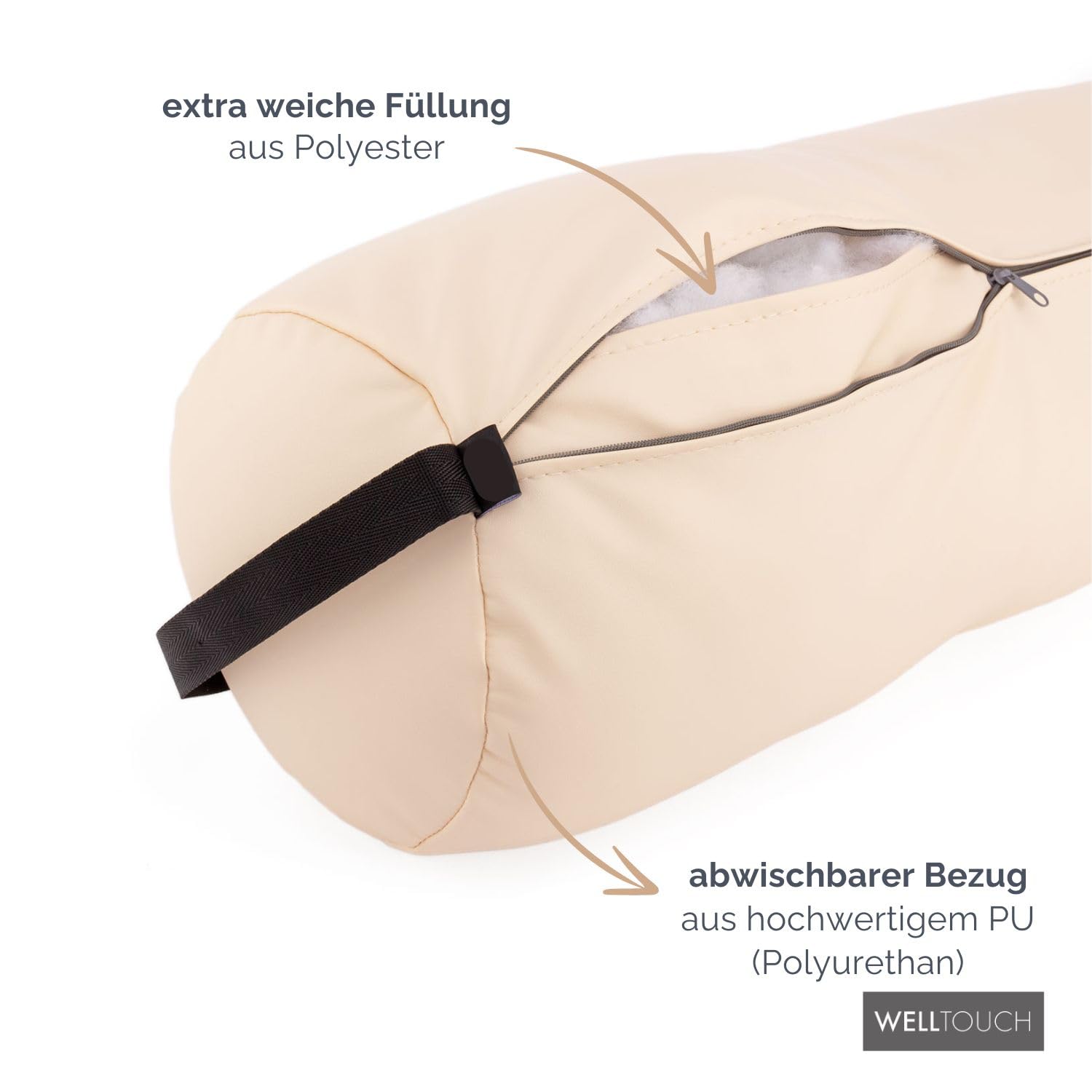 WellTouch Lagerungsrolle Vollrund | Fluffy Knierolle für Massageliegen | Extra Soft | Lagerungskissen für Massage & Therapie | Beinauflage mit Ø 20 cm | Länge 65 cm (beige)