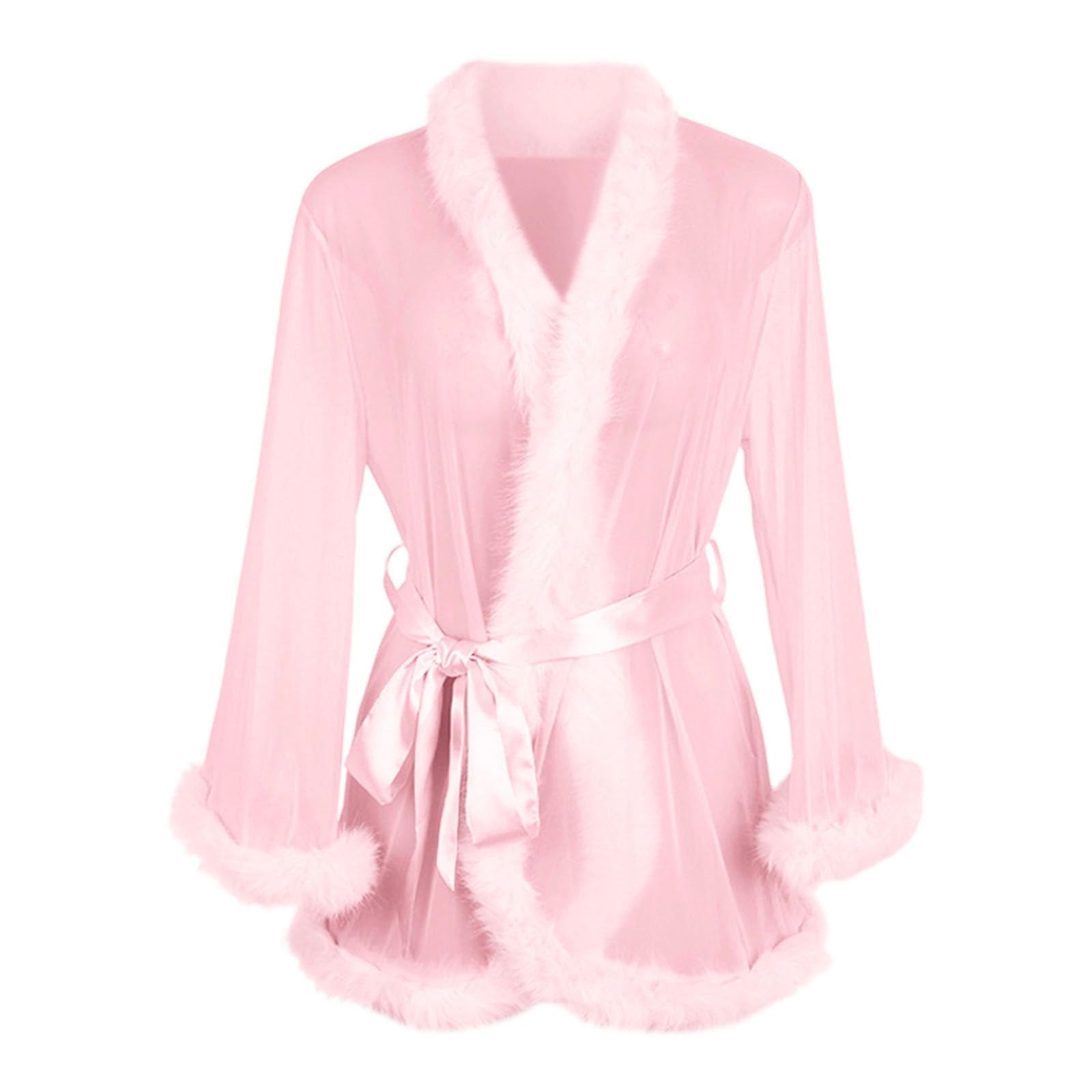 Kimono Nuisette érotique en tulle pour femme avec plumes et nuisette transparente Robe courte sexy Vêtements de nuit Grandes tailles Nuisette avec ceinture Peignoir de bain Négligé