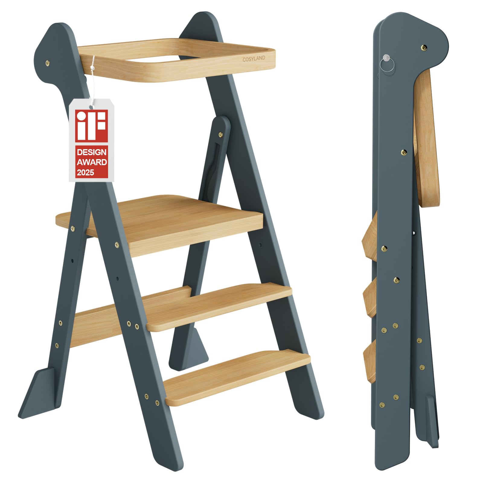 COSYLAND Lernturm ab 1 Jahr klappbar – iF Design Award Gewinner, höhenverstellbarer Lernturm mit Sicherheitsnetz, Montessori Learning Tower/Lernstuhl für Kinder, Holz (Schieferblau & Natur)