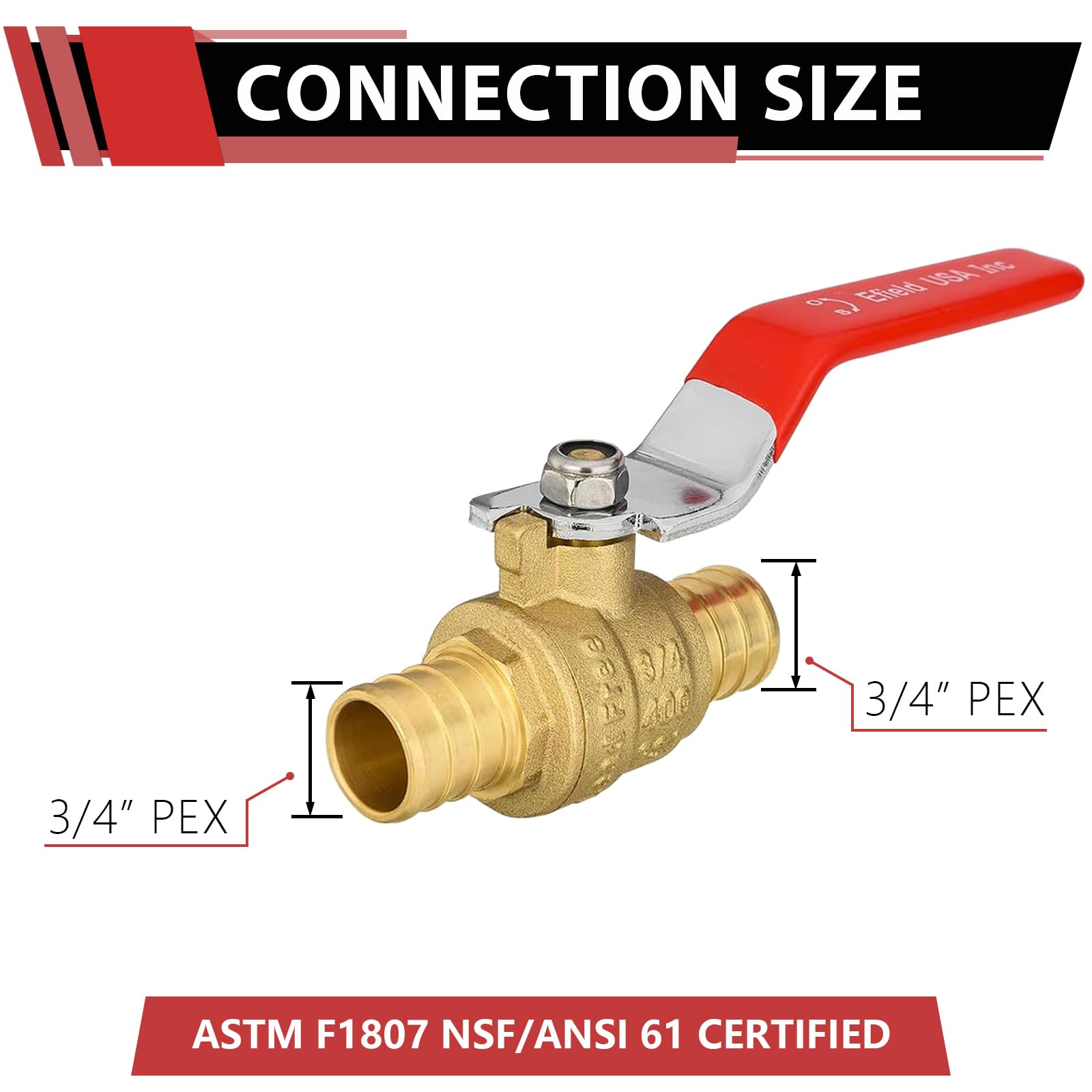EFIELD - Válvula de bola de cierre de latón Pex de 3/4 pulgadas para aplicación de fontanería, nivel rojo, latón certificado UPC