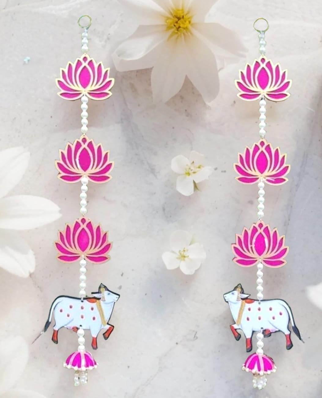 BENAVJI Presents Handmade MDF Wooden Lotus with Cow Door Toran Jhumka Style Hanging for Diwali Decoration Wall Hangings for Home Decor, Temple, Main Door Entrance 60 Cm Length Pack of 2 - Image 3 thumbnail