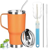 Vista 28 de Vaso de 20 onzas con asa, vaso aislado de acero inoxidable con tapa y pajilla, taza de café aislada al vacío de doble pared, taza térmica de café