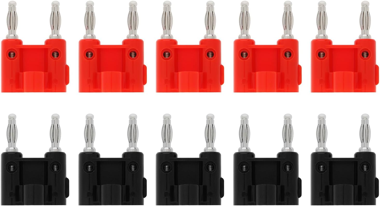 10 Pcs Dual Banana Plug Speaker Cable Connectors Screw Type Dual Tip Banana Plug Clips for 2-Way Speaker Wires Black+Red