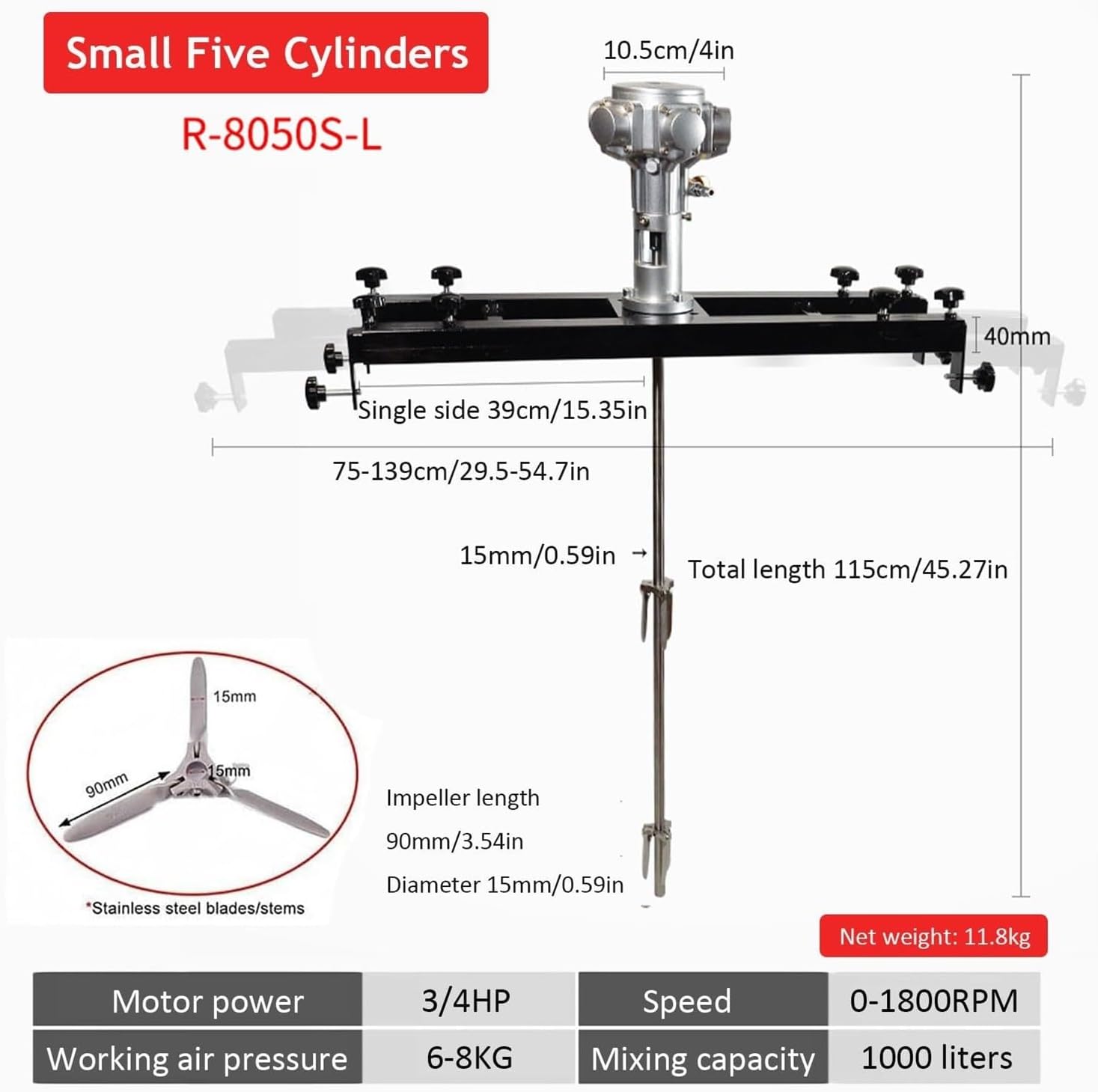 Electric Tank Mixer Machine, 1000L Paint Stirring Machine With Support Hanger, Adjustable Size, For Paint, Coating(Smallfivecylinders)