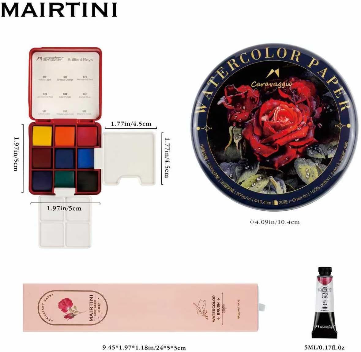 Rose-themed Limited Edition Watercolor Set with Mini Travel Kit, Watercolor Paper and Brushes