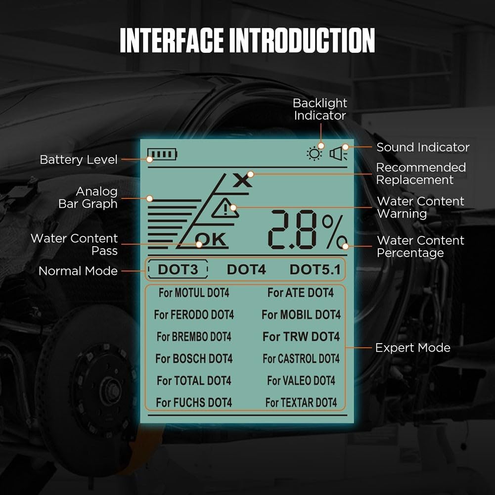 AS502 Tester digitale del liquido dei freni con display da 2,8 pollici, analisi dell'umidità per DOT3 DOT4 DOT5.1, misuratore del contenuto di acqua, strumento diagnostico auto