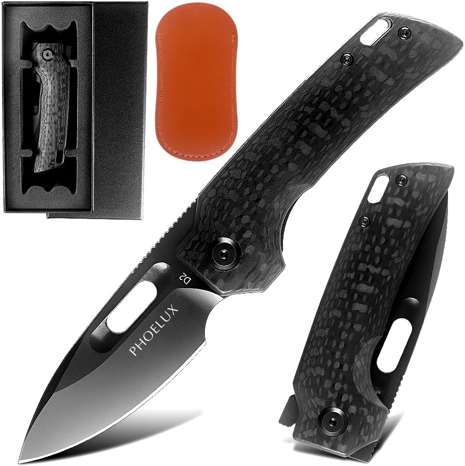 Pocket Folding Knife with D2 Blade and Carbon fiber G10 Handle (Black) - 7.16" EDC Knife with Liner Lock and Pocket Clip, Good for Survival, Camping, Outdoor, Hiking and Hunting