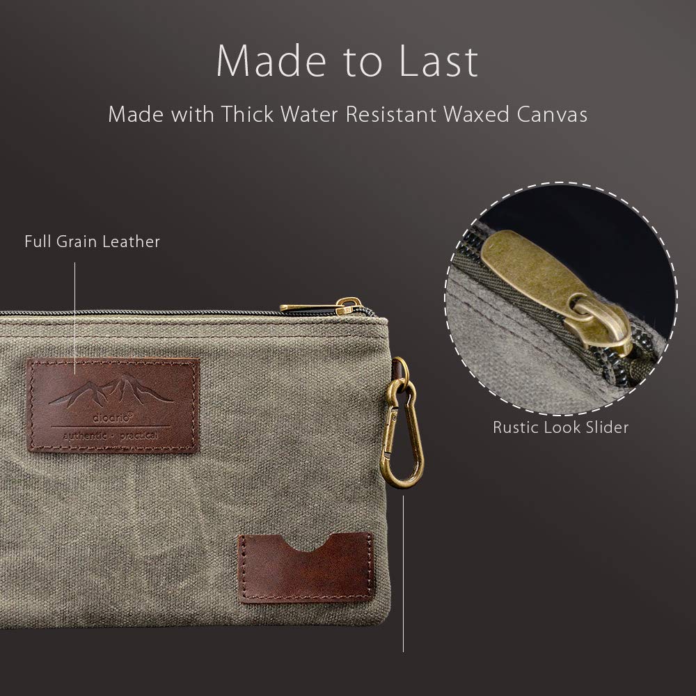 Purpose Utility Zipper Pouch, EDC Organizer, Water Resistant Durable Waxed Canvas With Full Grain Leather Carabiner Inner Pockets Office Work Essentials Charger Case Pencil Case Olive - View #9