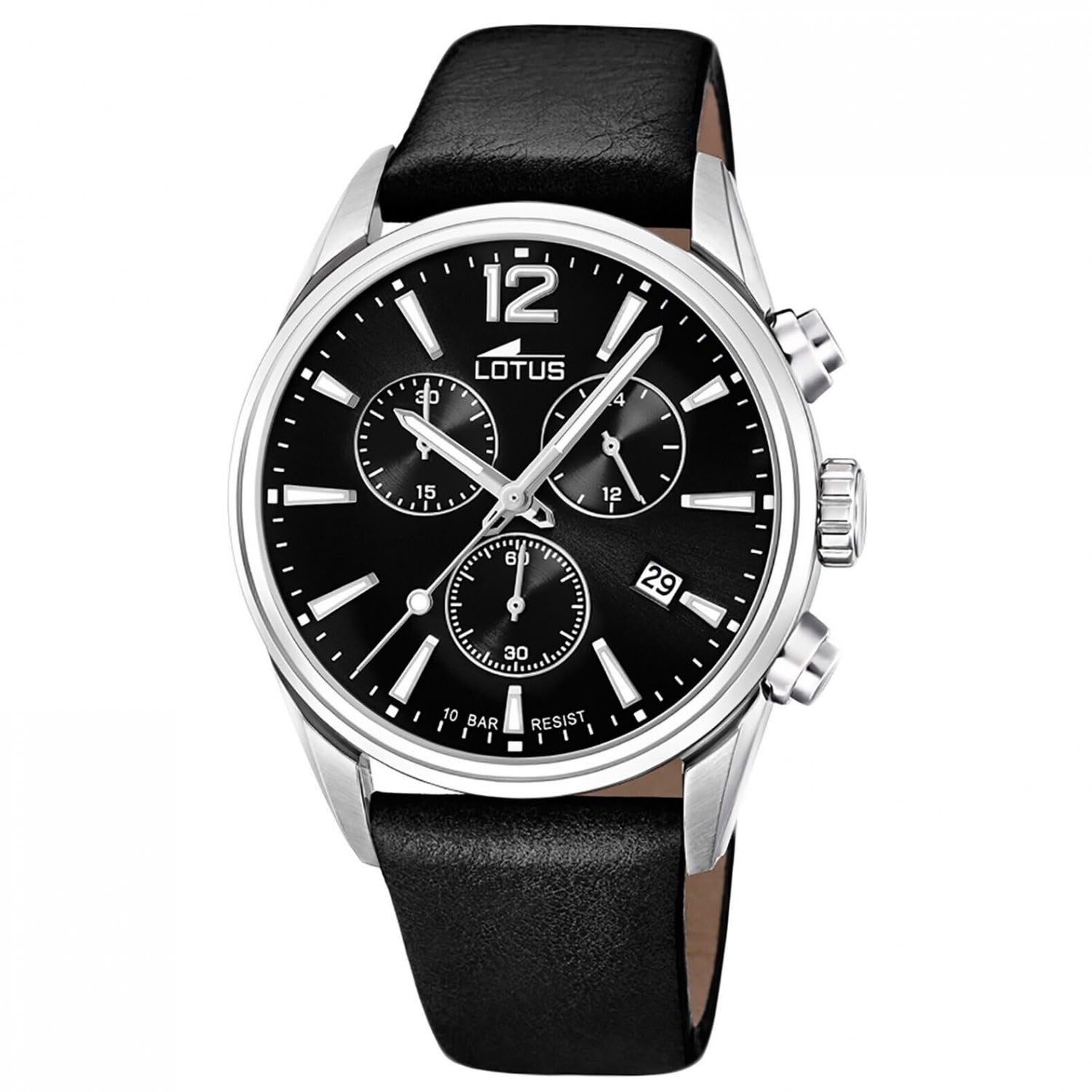 LOTUS Reloj Hombre Analógico de Acero Inoxidable y Cuero Negro